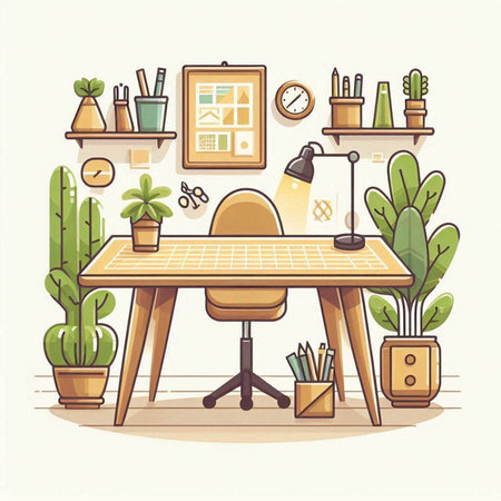 Illustration of modern home office with furniture and plants. Vector illustrationのイラスト素材