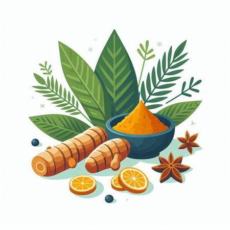 Spices and herbs. Turmeric, turmeric, ginger, cinnamon, cardamom. Vector illustration.のイラスト素材