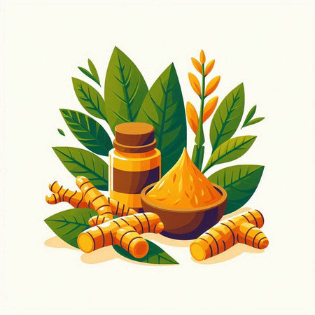 Turmeric powder. Herbal medicine. Vector illustration in cartoon style.のイラスト素材