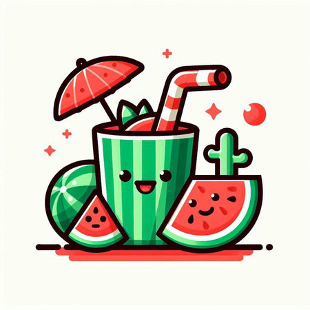 Cute watermelon smoothie cartoon character with watermelon slice and umbrella vector illustration.のイラスト素材