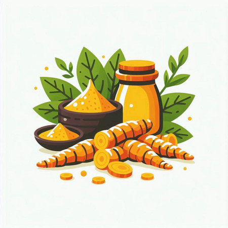 Turmeric powder, turmeric root, leaves and jar. Vector illustration.のイラスト素材