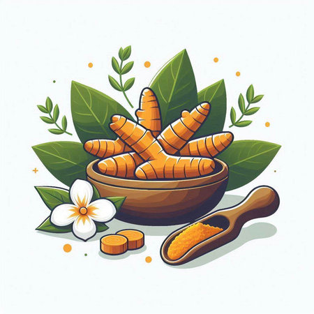 Turmeric root with leaves and powder in wooden bowl vector illustration.のイラスト素材