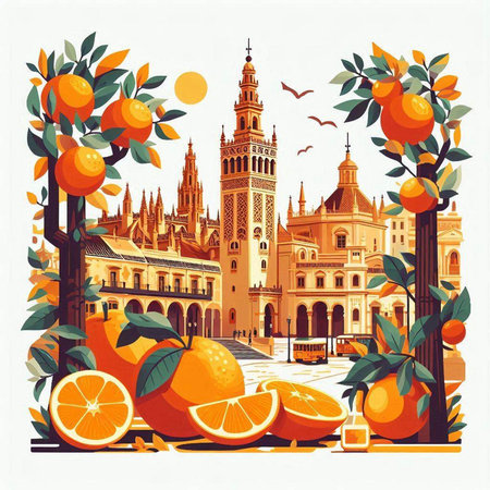 Seville, Spain. Seville Cathedral and Oranges. Vector illustrationのイラスト素材
