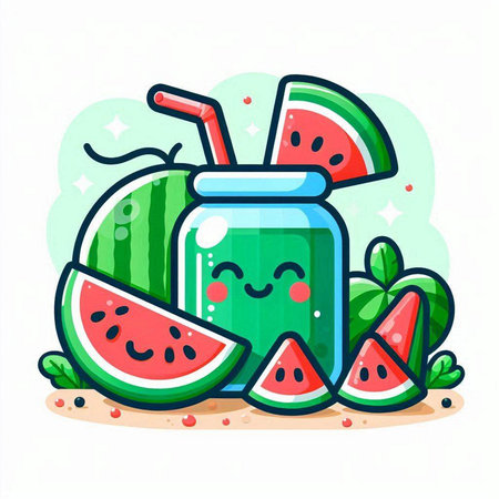 Smiling watermelon smoothie in a jar with a straw and slices of watermelon on the beach. Vector illustration.のイラスト素材