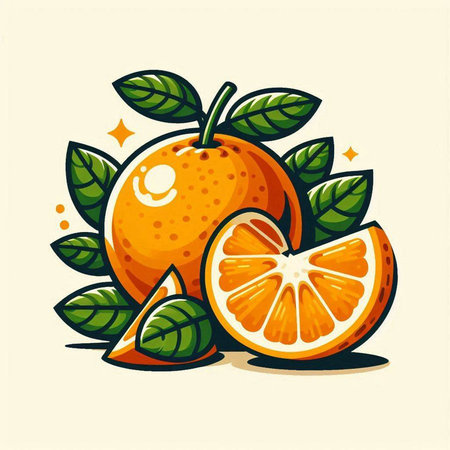 Orange fruit with leaves and slices. Vector illustration in cartoon style.のイラスト素材