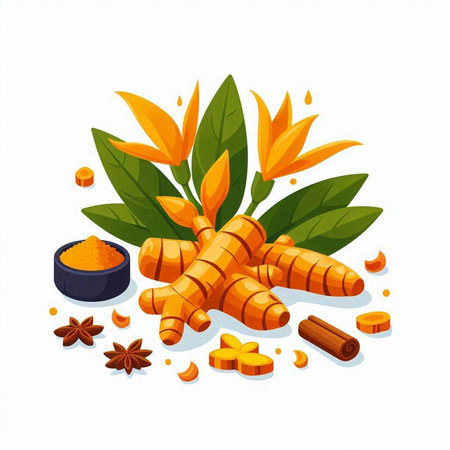 Turmeric root, powder and leaves on white background. Vector illustration.のイラスト素材