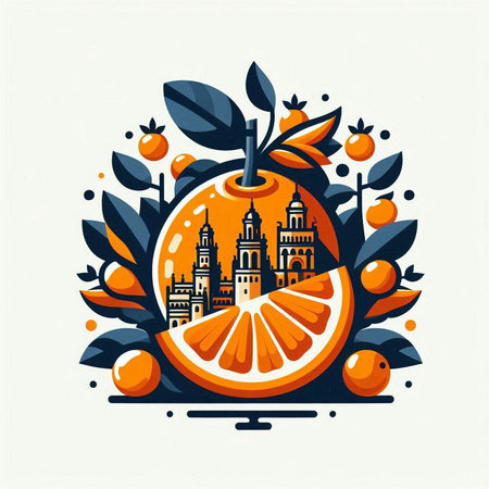Vector illustration with orange and mandarin on the background of the city.のイラスト素材