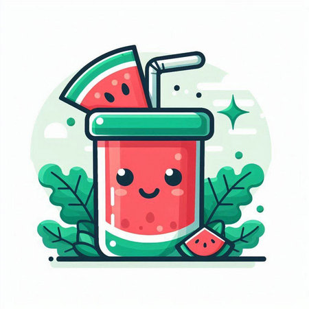 Cute watermelon smoothie character. Vector flat cartoon illustration icon designのイラスト素材