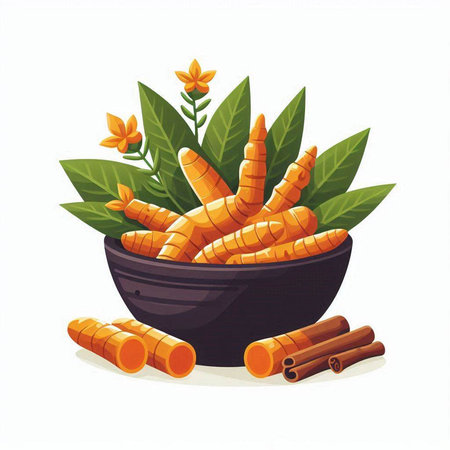 Turmeric root with leaves and cinnamon sticks. Vector illustration isolated on white background.のイラスト素材