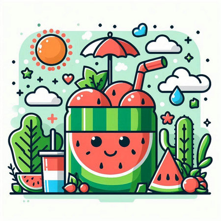 Cute cartoon watermelon smoothie. Vector illustration in flat styleのイラスト素材
