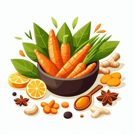 Vector illustration of fresh carrots, spices and herbs in a bowl.のイラスト素材