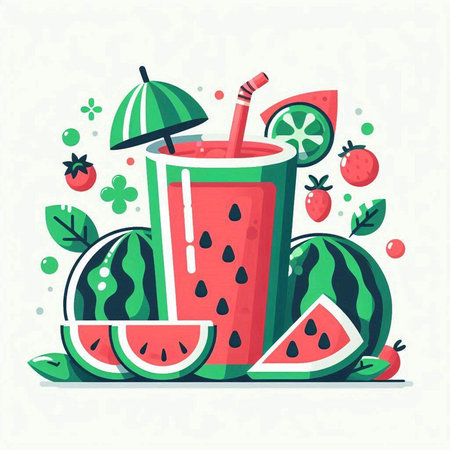 Watermelon smoothie. Vector illustration in flat cartoon style. Juicy summer drink.のイラスト素材