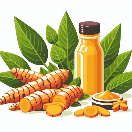 Turmeric extract in a glass bottle with fresh turmeric root and leavesのイラスト素材