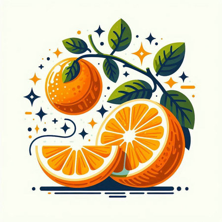 Orange fruit with leaves and stars on white background. Vector illustration.のイラスト素材