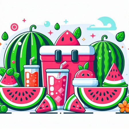 Vector illustration with watermelon juice in a glass and fresh watermelons.のイラスト素材