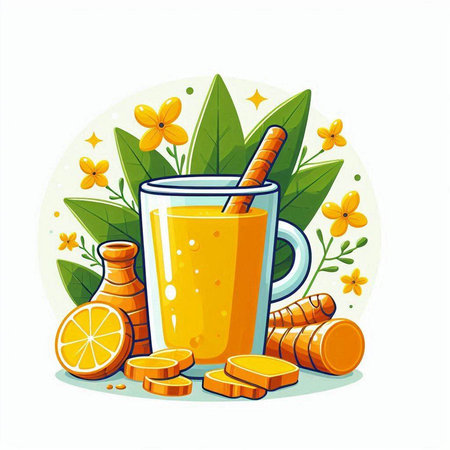 Vector illustration of glass of orange juice with straw, lemon and leaves.のイラスト素材
