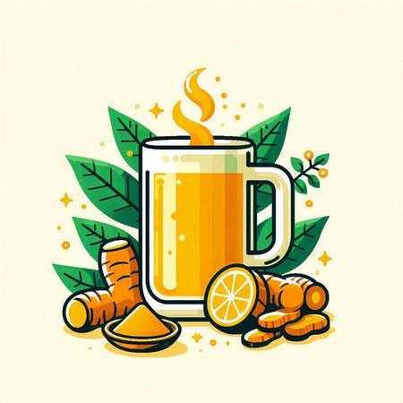 Mug of turmeric tea with ginger, lemon and mint leaves. Vector illustration.のイラスト素材