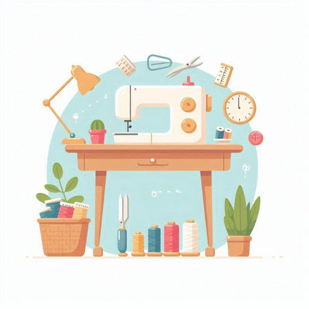 Sewing machine, tools and equipment. Flat vector illustration.のイラスト素材