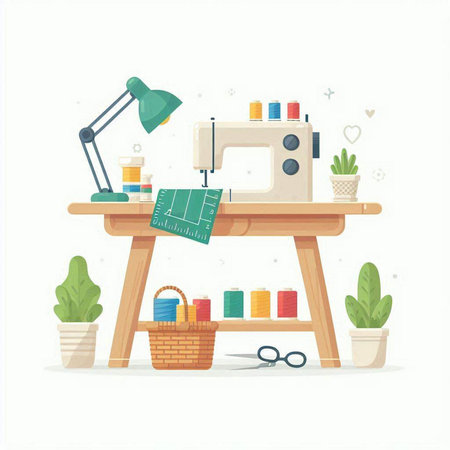 Sewing workshop. Workplace with sewing machine and accessories. Vector illustrationのイラスト素材