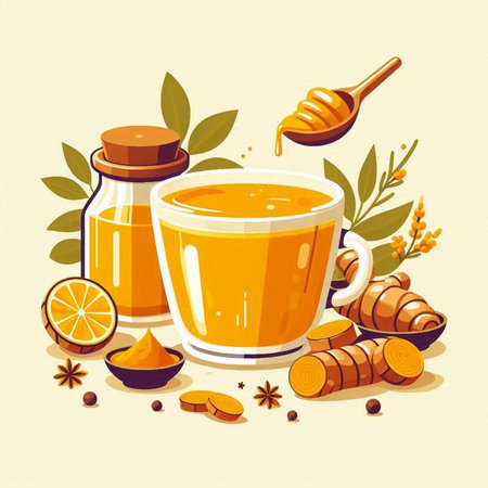 Cup of tea with ginger, honey, lemon and spices. Vector illustration.のイラスト素材