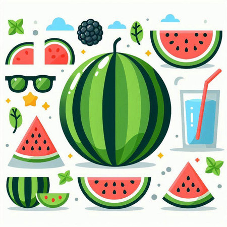 Set of watermelons, watermelon, blackberry, blueberry, green leaf, glass of watermelon juice, vector illustrationのイラスト素材