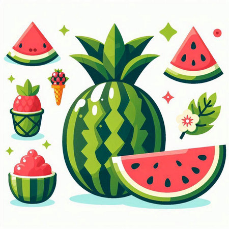 Watermelon, ice cream, berries, leaves. Vector illustration.のイラスト素材