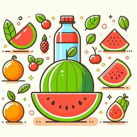 Watermelon, cherry, orange, strawberry, watermelon, juice. Vector illustration.のイラスト素材