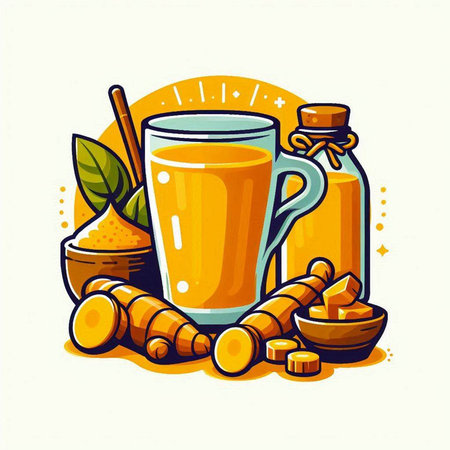Vector illustration of turmeric juice in a glass and ingredients for making smoothie.のイラスト素材