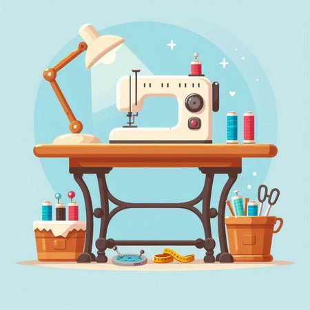 Sewing machine and tools. Vector illustration in cartoon style.のイラスト素材