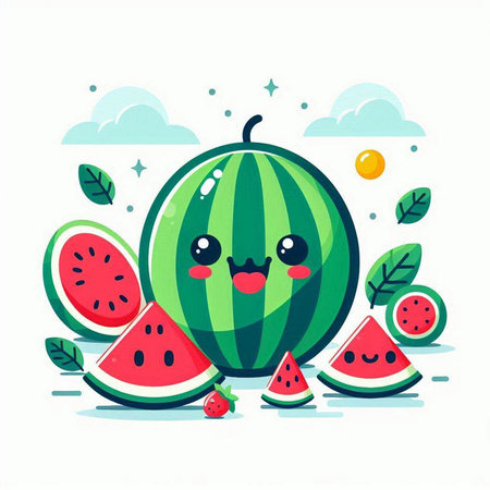 Cute watermelon character vector illustration. Cute watermelon fruit character.のイラスト素材