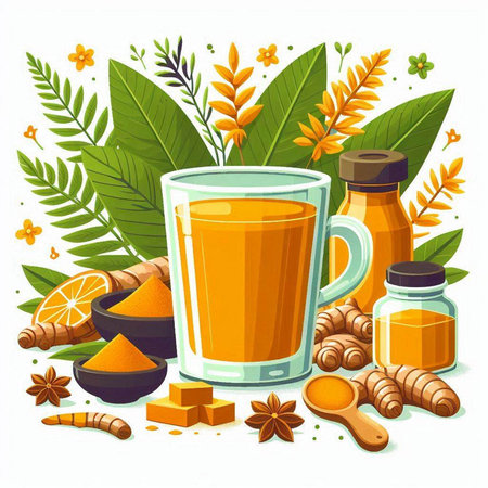Cup of tea with turmeric, ginger and honey. Vector illustration.のイラスト素材