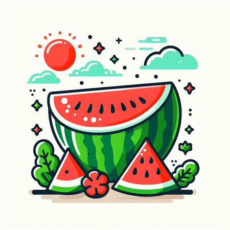 Vector illustration of watermelon in flat line style. Summer fruit.のイラスト素材