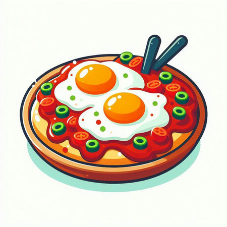 Fried eggs with tomato and pepper on a plate. Vector illustration.のイラスト素材