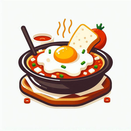 Fried egg in a frying pan with bread and tomato. Vector illustration.のイラスト素材