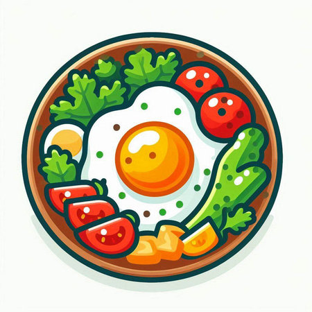 Fried egg with vegetables in a plate on a white background.のイラスト素材