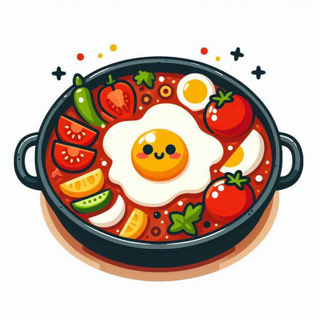 Fried egg with vegetables in a frying pan. Vector illustration.のイラスト素材
