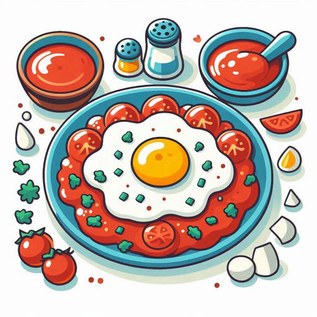 Illustration of a fried egg on a plate with tomato sauce.のイラスト素材