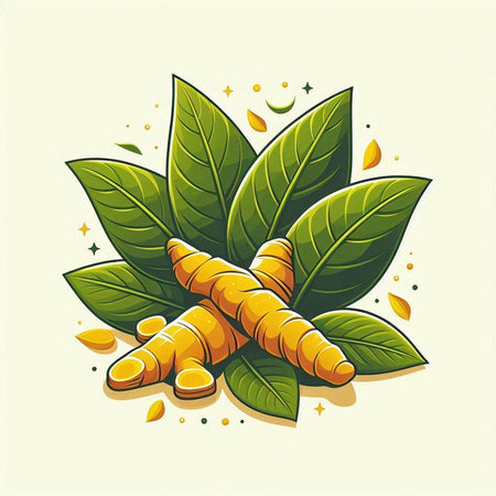 Turmeric root with green leaves. Vector illustration for your design.のイラスト素材
