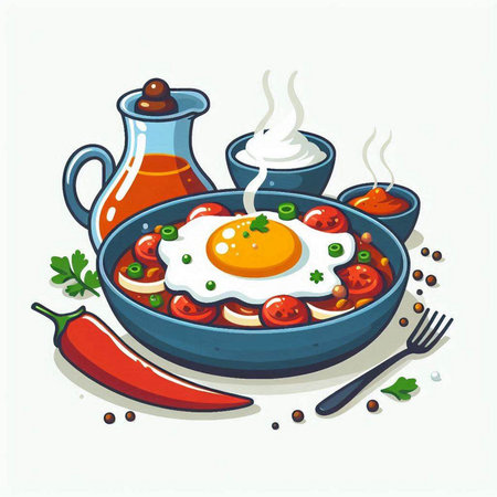 Fried egg in a frying pan with vegetables. Vector illustration.のイラスト素材