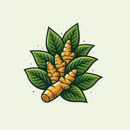 Ginger root with green leaves. Vector illustration of ginger root.のイラスト素材