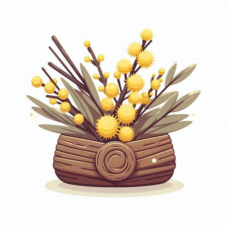 Bouquet of mimosa in a basket. Vector illustration.のイラスト素材
