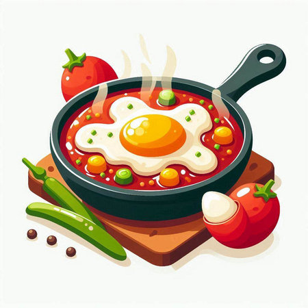 Fried eggs in a frying pan with vegetables. Vector illustration.のイラスト素材