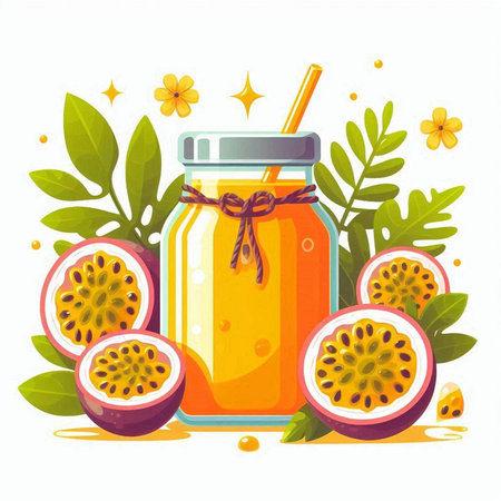 Jar of passion fruit smoothie. Vector illustration in flat style.のイラスト素材