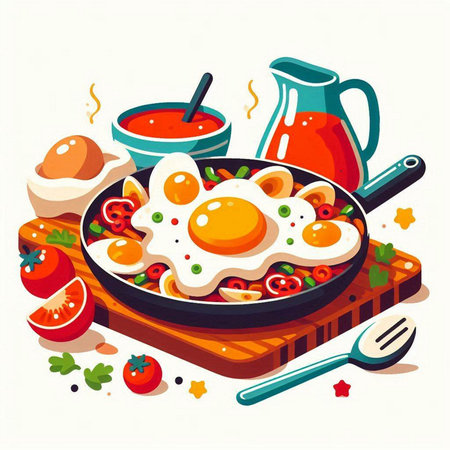 Fried eggs in a frying pan with tomato sauce. Vector illustration.のイラスト素材