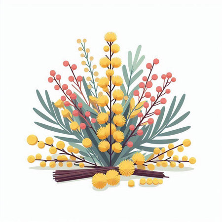 Bouquet of yellow and red mimosa flowers. Vector illustrationのイラスト素材