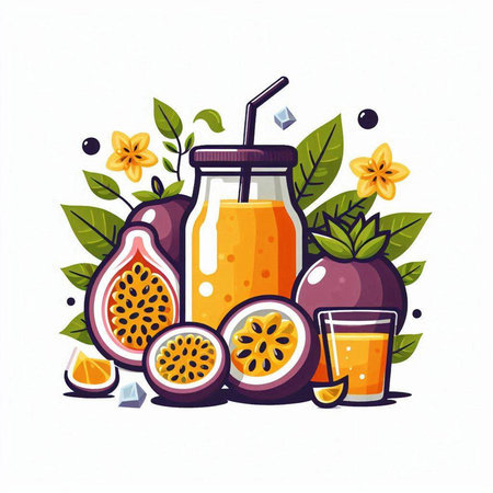 Passion fruit juice in a glass jar. Vector illustration of a tropical drink.のイラスト素材