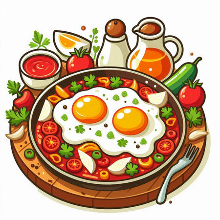 Fried eggs in a frying pan with vegetables. Vector illustration.のイラスト素材