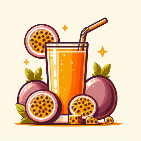 Vector illustration of a glass of fresh passion fruit juice with a straw.のイラスト素材