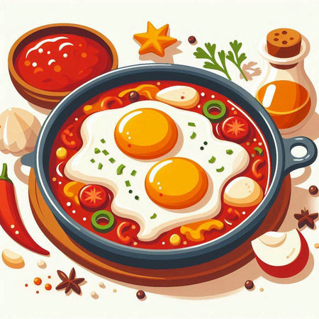 Fried eggs in a frying pan with spices. Vector illustration.のイラスト素材