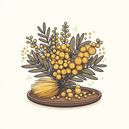 Bouquet of yellow mimosa flowers with leaves. Vector illustrationのイラスト素材